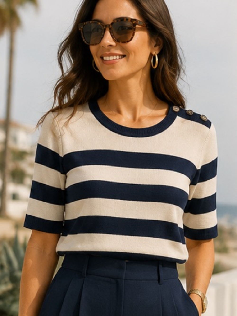Liz Claiborne Striped Knit Button Shoulder Sweater Top Navy Cream Size M Medium
